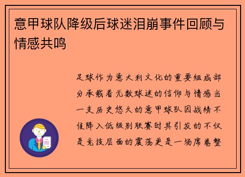 意甲球队降级后球迷泪崩事件回顾与情感共鸣